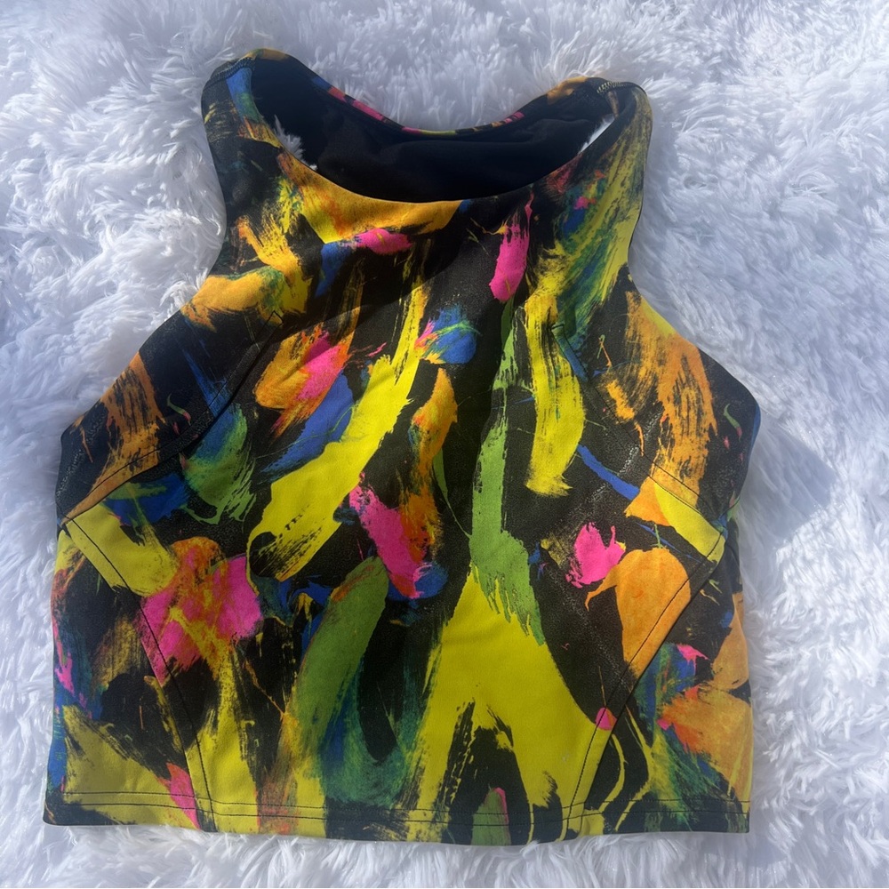 Women’s High-Neck Crop Top in Neon Brushstroke Print
